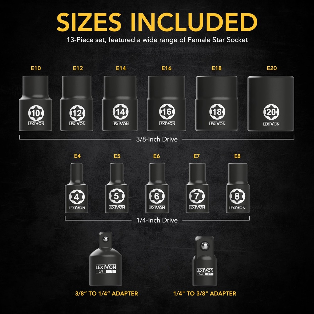 LEXIVON E-TORX Socket Set, Chrome Vanadium Set E4 - E20, Black