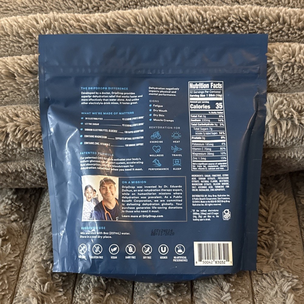 DripDrop Hydration Packets Lemon Lime Electrolytes Powder Drink Mix 32 Sticks