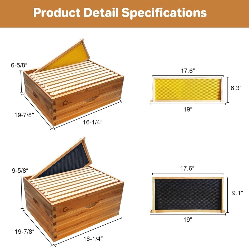 10-Frame Wooden Beehive Box Coated with Beeswax Includes 1 Deep&1 Medium Bee Box