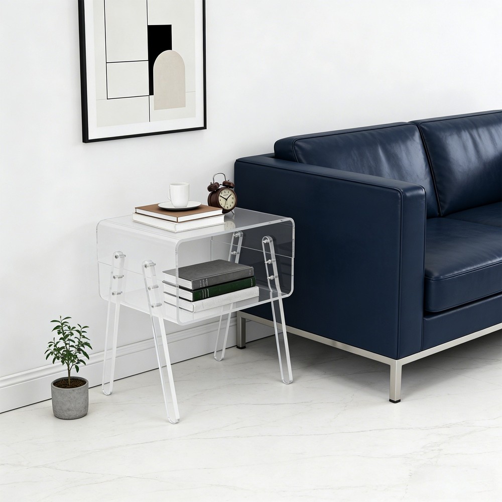 End Table Rectangular, Modern Clear Side Table Open Compartment Table for Couch