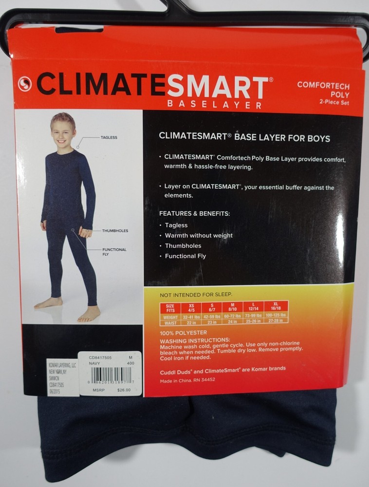 Cuddl Duds ClimateSmart Baselayer Set Boys Medium 8/10 Comfortech Polyester Navy