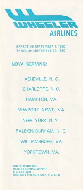 Wheeler Airlines timetable 1980/09/01