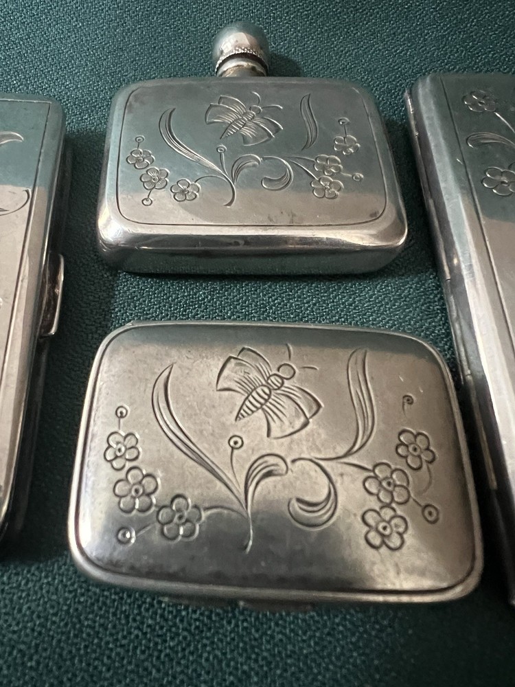 FABULOUS 835 SILVER 4 PIECE ETCHED CIGARETTE CASE COMPACT PERFUME PILL BOX SET