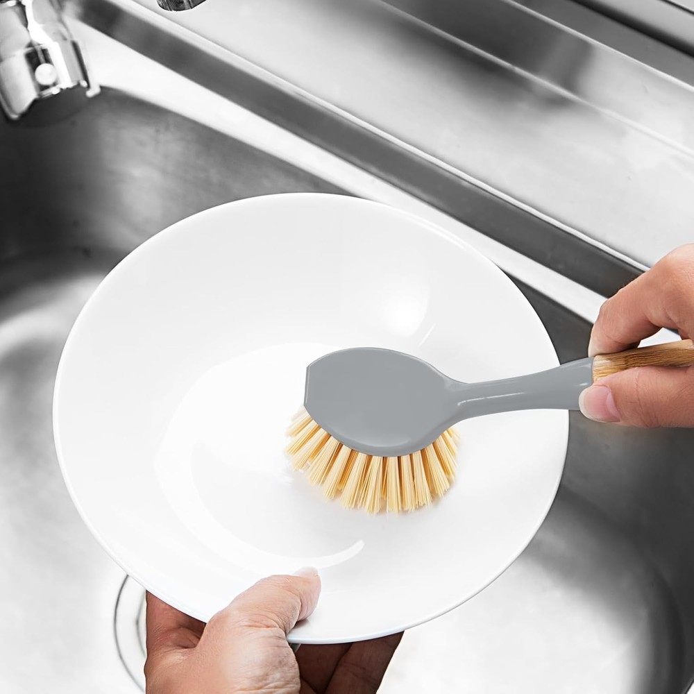 2 Pack Kitchen Dish Brushes with Bamboo Handle, Dish Scrubber Built-in Scraper