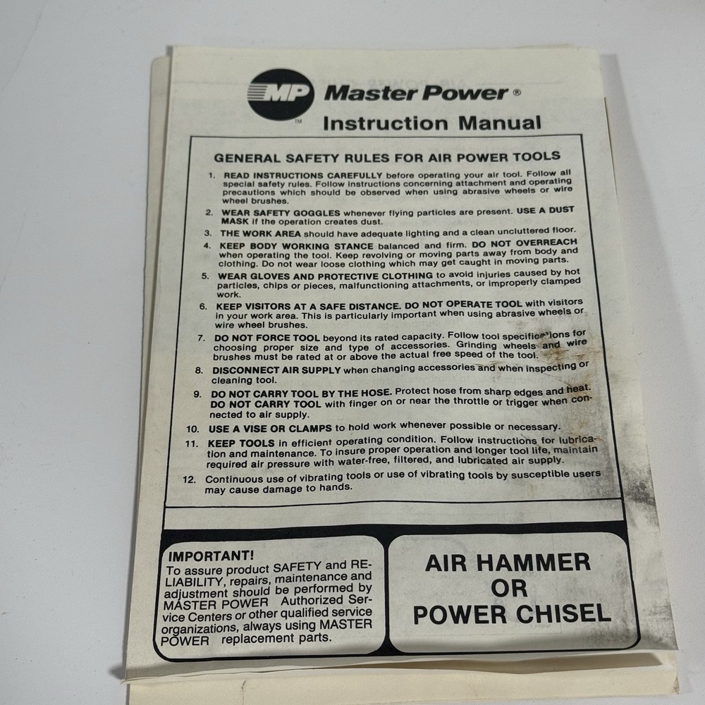 Master Power Air Hammer Chisel Pneumatic Tool W Black & Decker Spring & Box