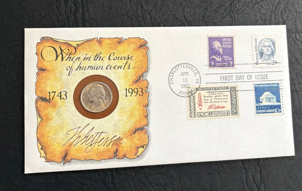 1993 Uncirculated Thomas Jefferson Five Cent Nickel & First Day Issue Stamps