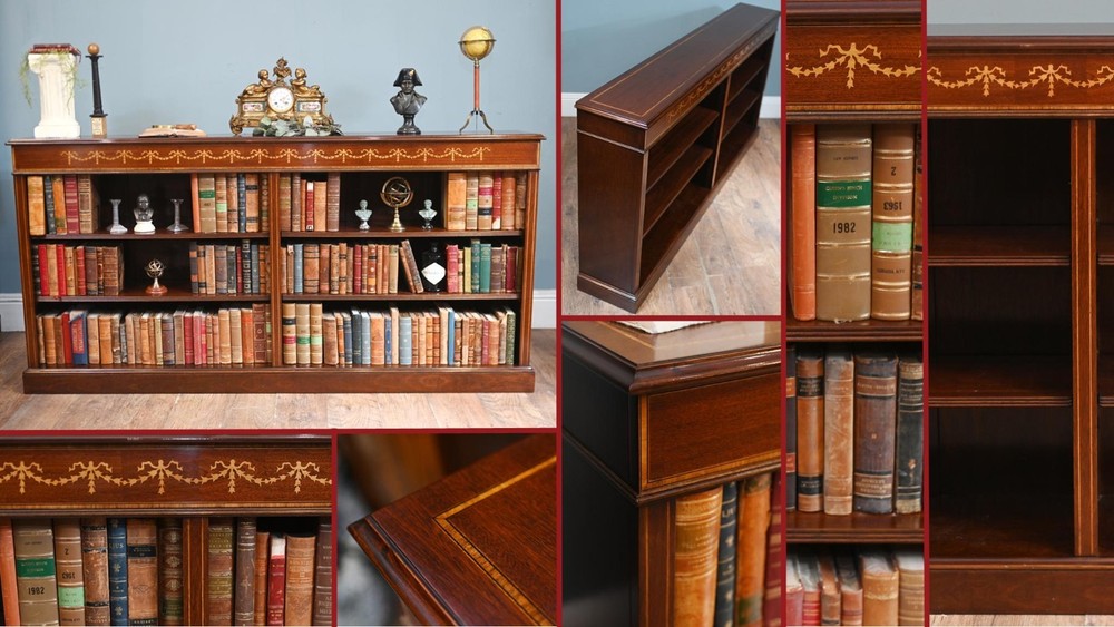 Wide Regency Open Bookcase - Mahogany Inlay Library Study