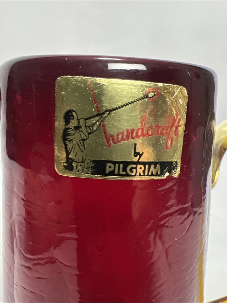 Vintage Pilgrim Glass Crackle Glass Mini Pitcher Ruby Red With Yellow Handle