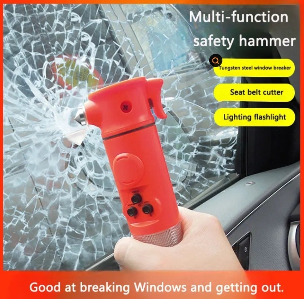 Red Multi-functional car safety hammer with Flashlight