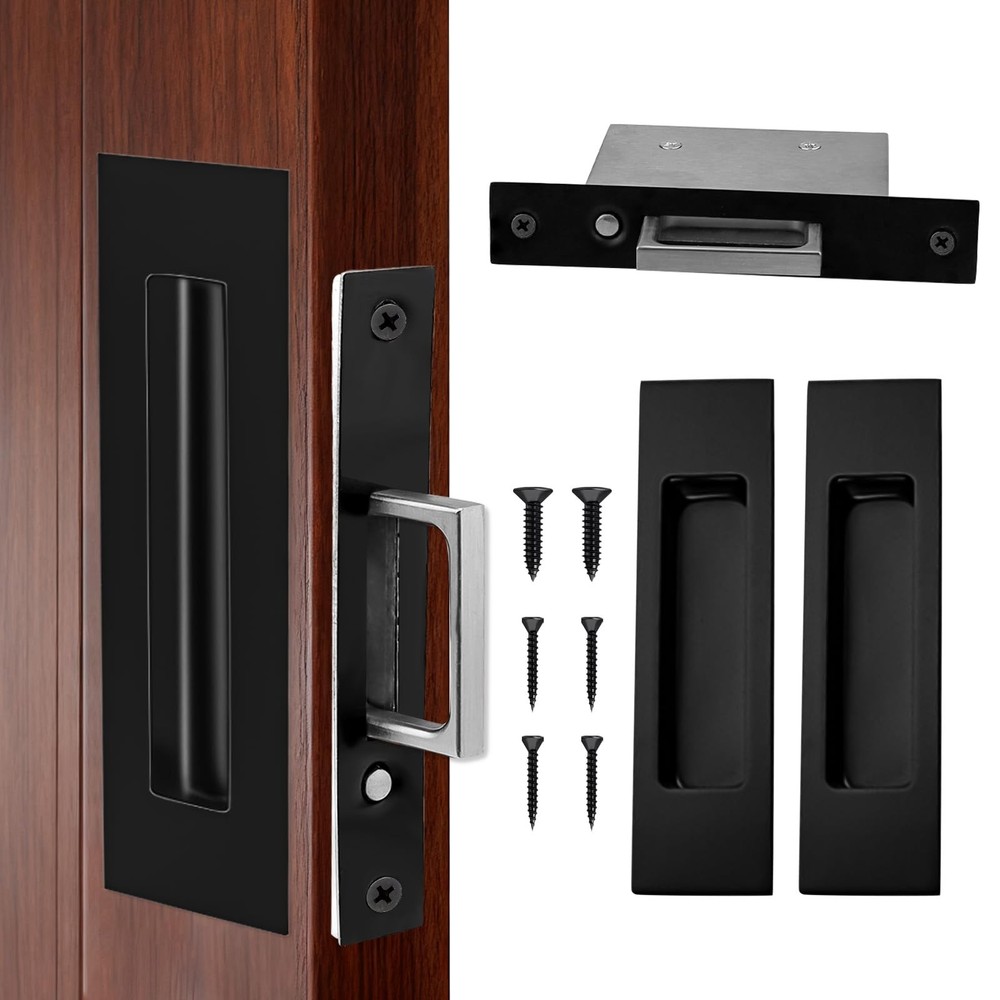 Gray Black Pocket Door Hardware Set 1 Edge Pull 2 Recessed Finger Flush Handles