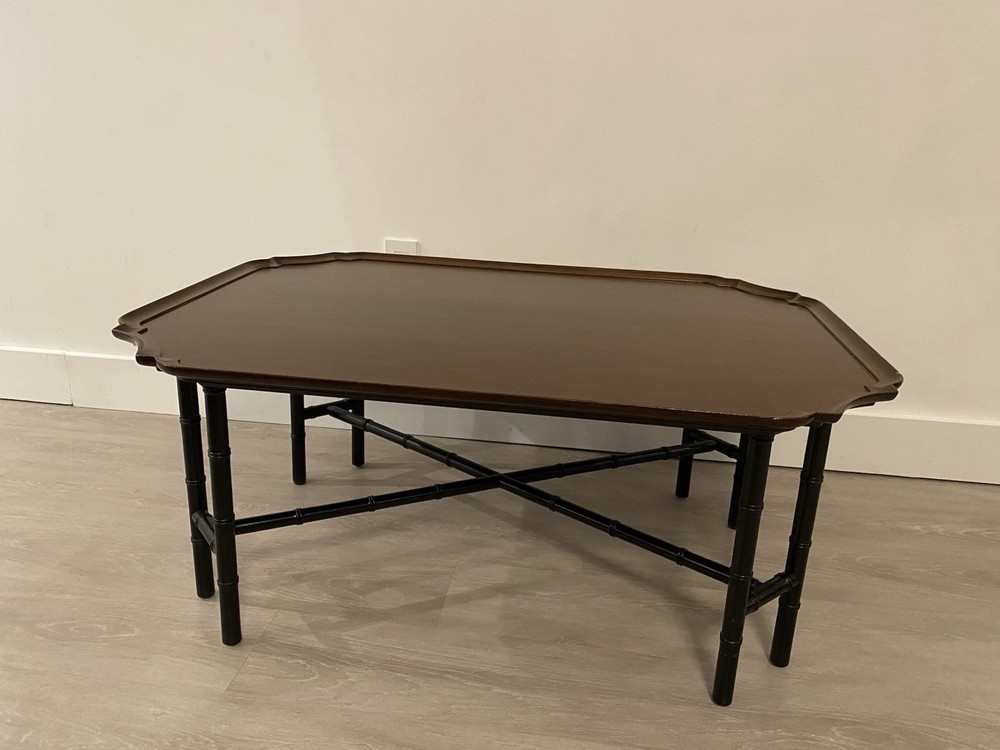 Faux Bamboo Kittinger Tray Top Rectangular Coffee Table With Ebonized Black Legs