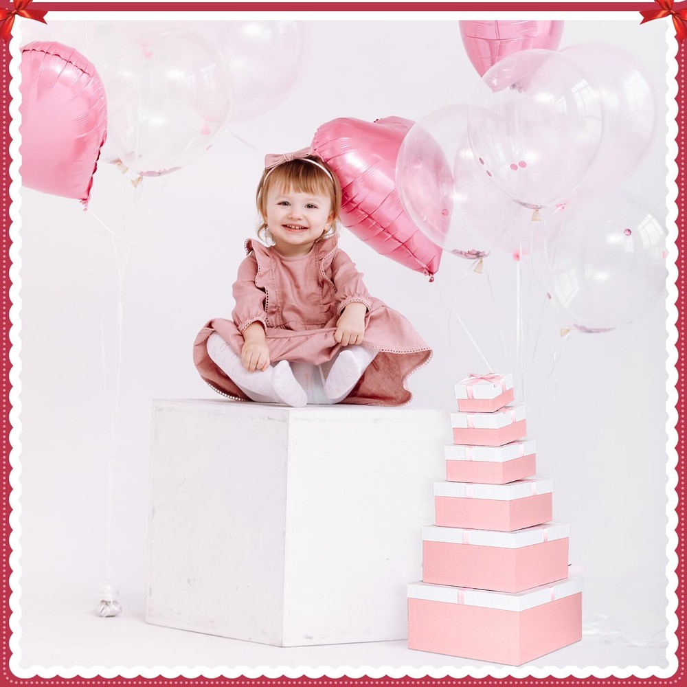 Large Nesting Gift Boxes with Lid Ribbon Square Pink 6 Pack 6 Sizes