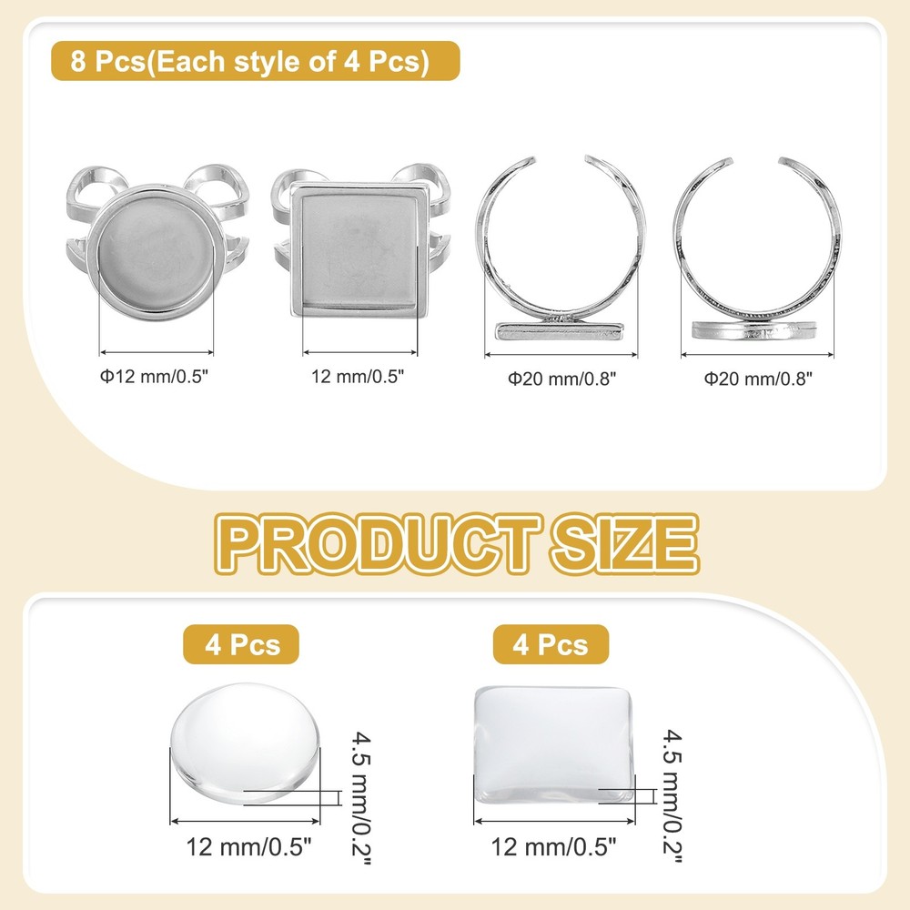 8Pcs Metal Ring Base Blank, 12mm Ring Blank Base with 8Pcs Cabochon(Silver)
