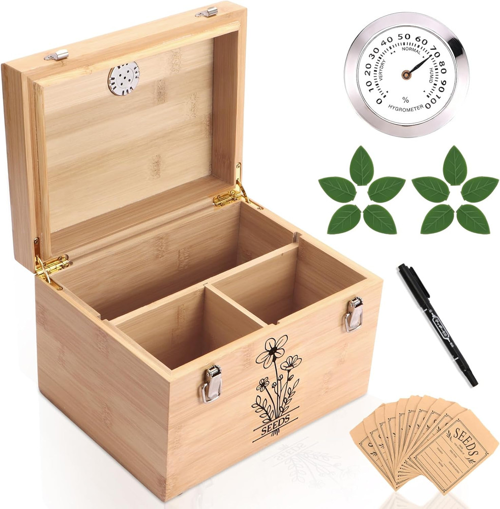 Bamboo Seed Storage Box with Hygrometer and Airtight Double-Layer Lid