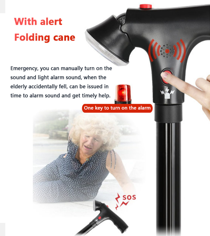 Foldable Alarm Walking Stick Extendable Adjustable Walking Cane With LED Light