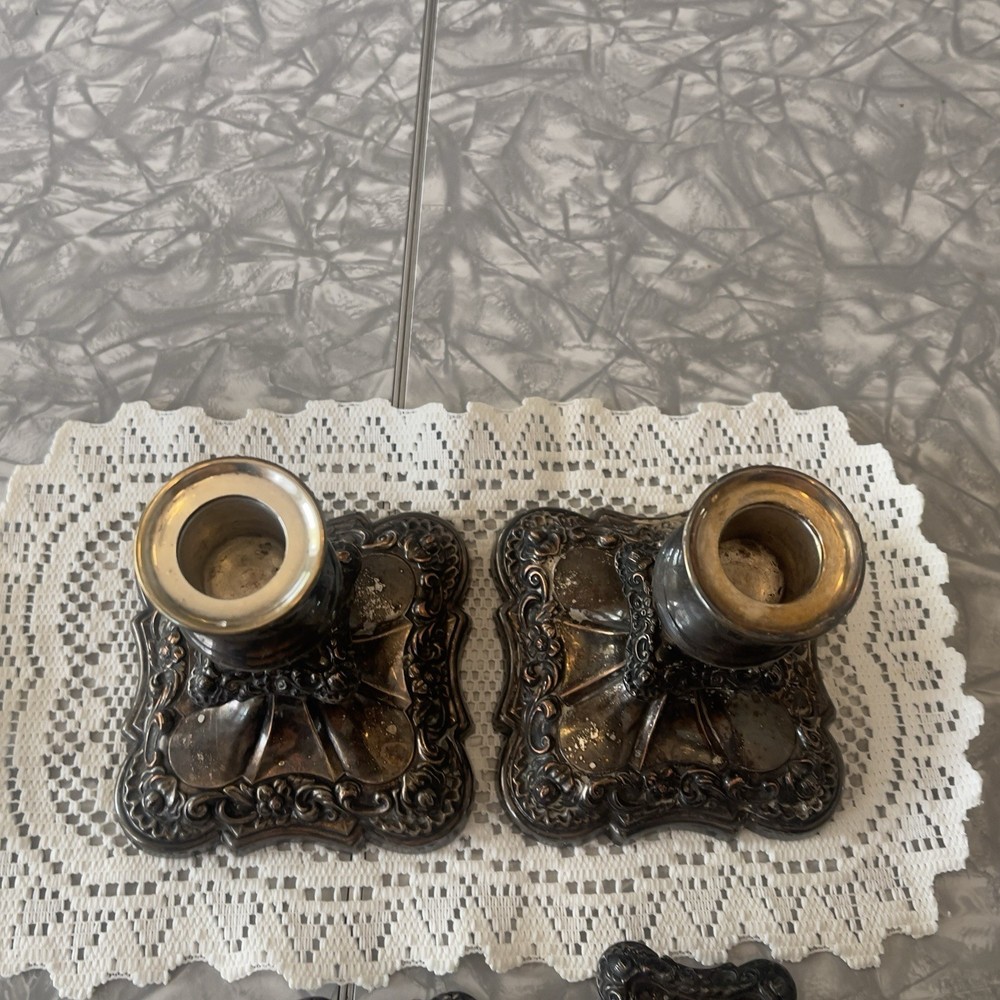 Baroque & Rococo Silverplate Candlesticks Pair with Removable Bobeches antique