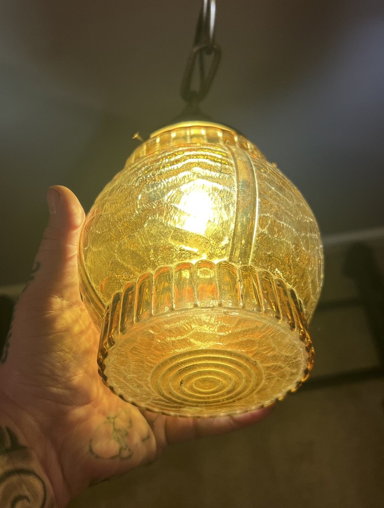 Wired Single Brass Pendant Light Fixture With Amber Globe 8F