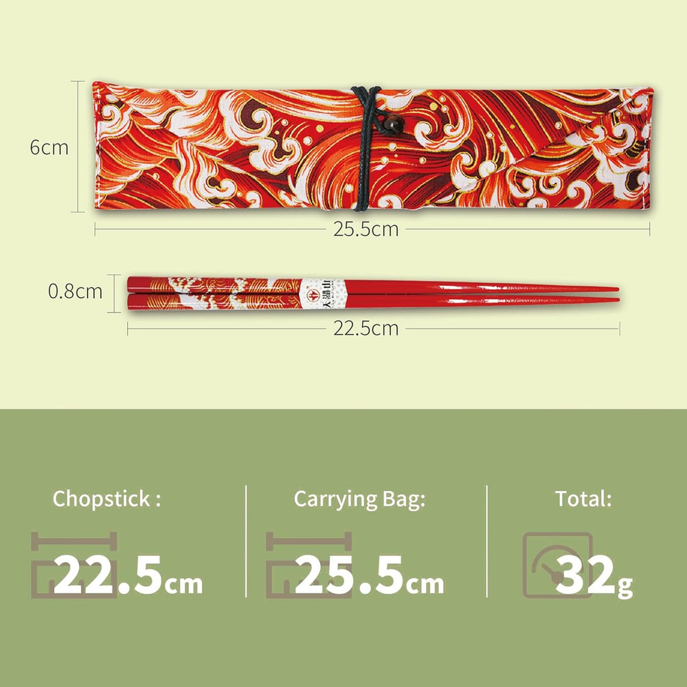 Chopsticks Reusable with Case, Bamboo Chopstick Gift Set Red Ocean Wave Pattern
