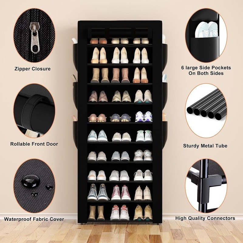 10 Tier Large Shoe Rack Organizer W/ Side Pockets Dustproof Storage Solution New