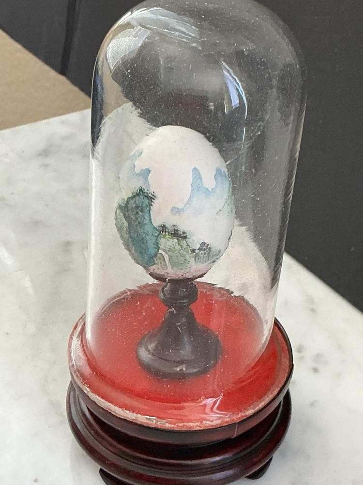 Vtg MCM Mini Hand painted Chinese Egg Under Dome Wood Base