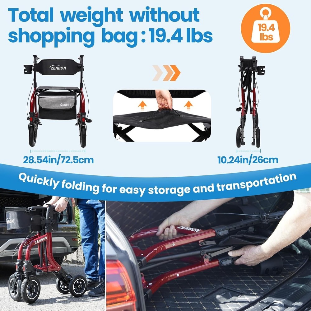 Ergonomic Rollator Walker for Seniors - Foldable | 330lbs Capacity | Red