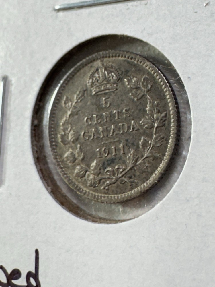 1911 Canada 5 Cents Small Silver Coin Cleaned