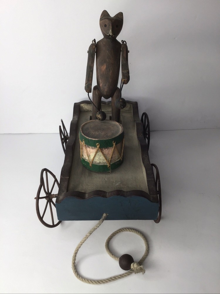 Bear Drumming Pull Toy Wood and Metal Wagon