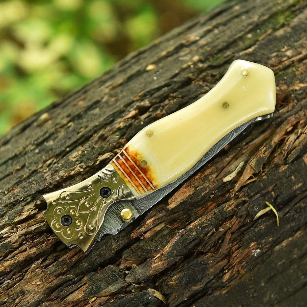 Damascus Folding Dagger Blade Pocket Knife Tactical-Double Edge