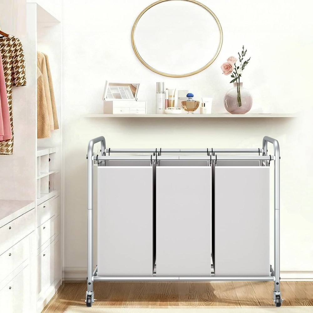 Eco-Friendly 3-Compartment Laundry Organizer with Rolling Wheels - Stylish Gray
