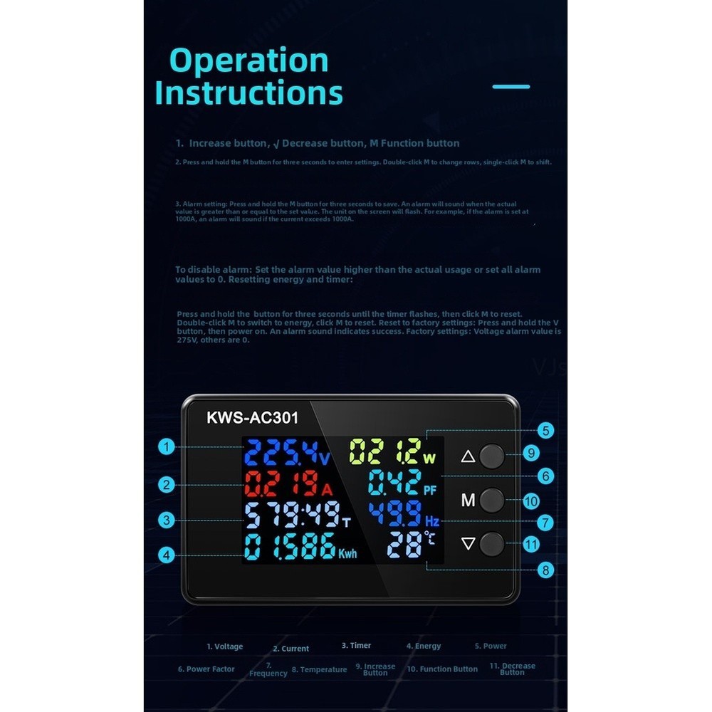 AC Voltmeter with Current Sensor 50 to 300V 100A Power Frequency Meter