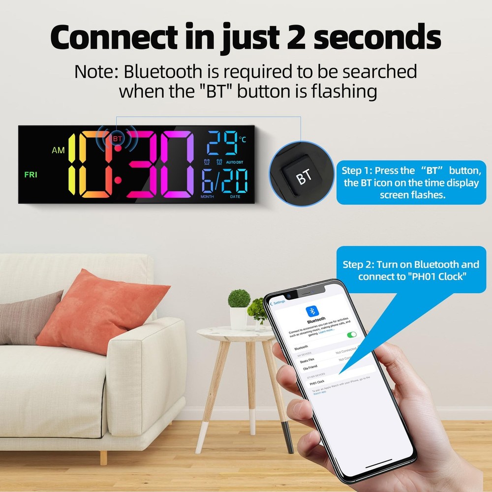 Maxstar 16.2'' Large Digital Wall Clock with Bluetooth Auto Sync, Remote Cont...