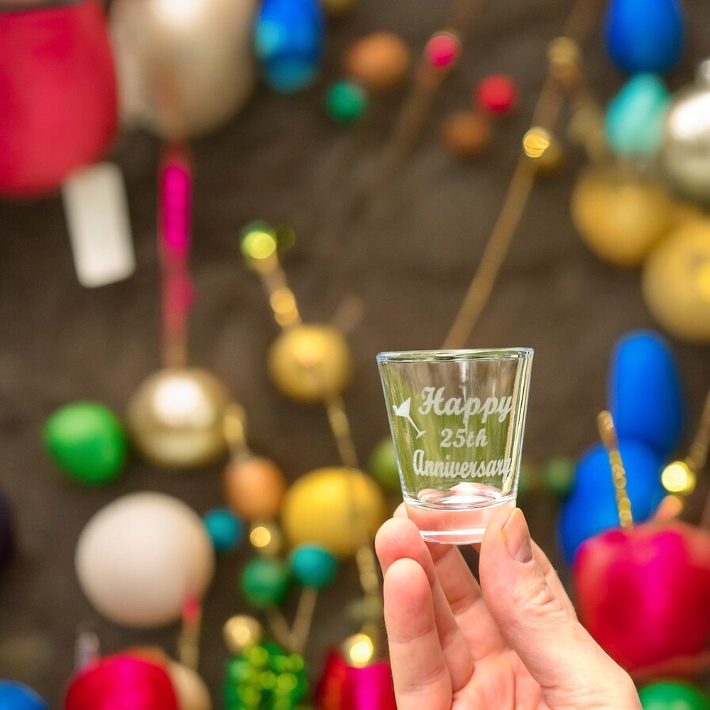 2oz Happy 25th Anniversary shot glass