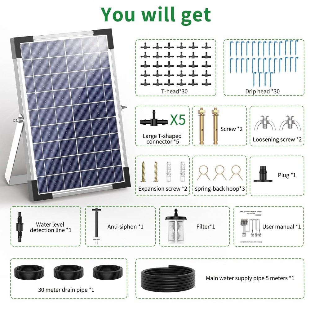 100/50ft Solar Irrigation System for Automatic Plants Watering, Drip Irrigation