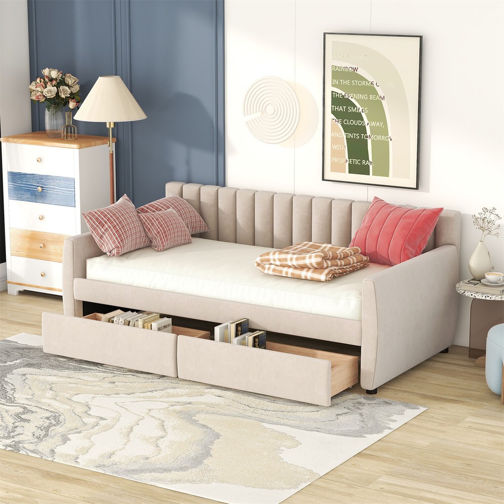 Twin Size Daybed Upholstered Bed Frame Sofa Bed wth 2 Drawer Beige/Gray