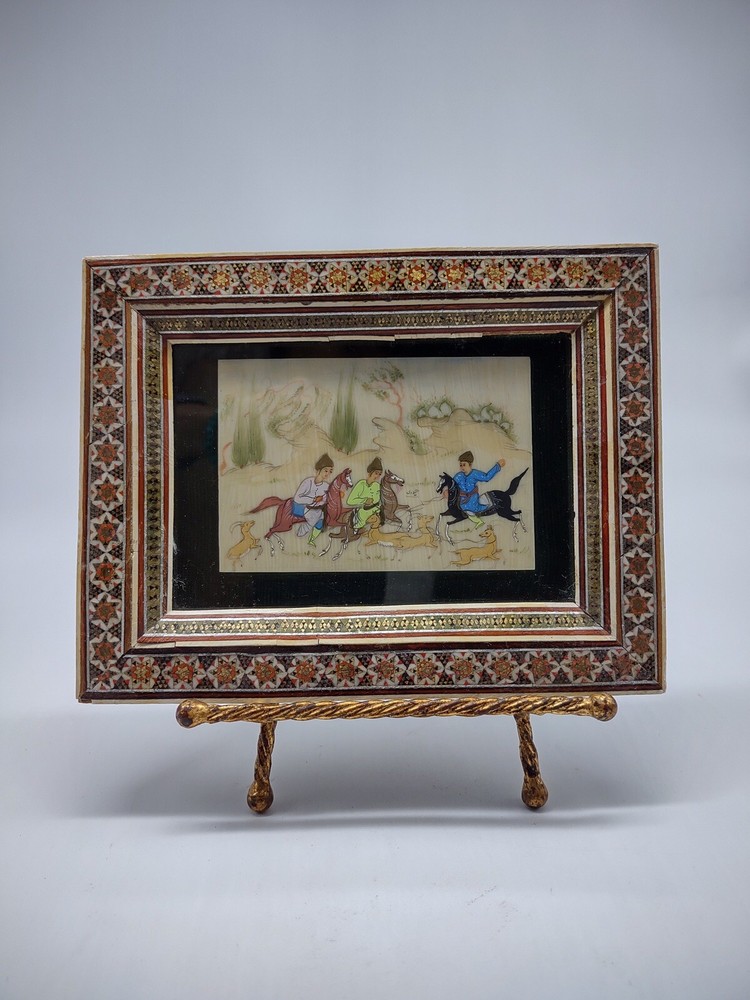 Persian Hunting Scene Painted on camel Bone
