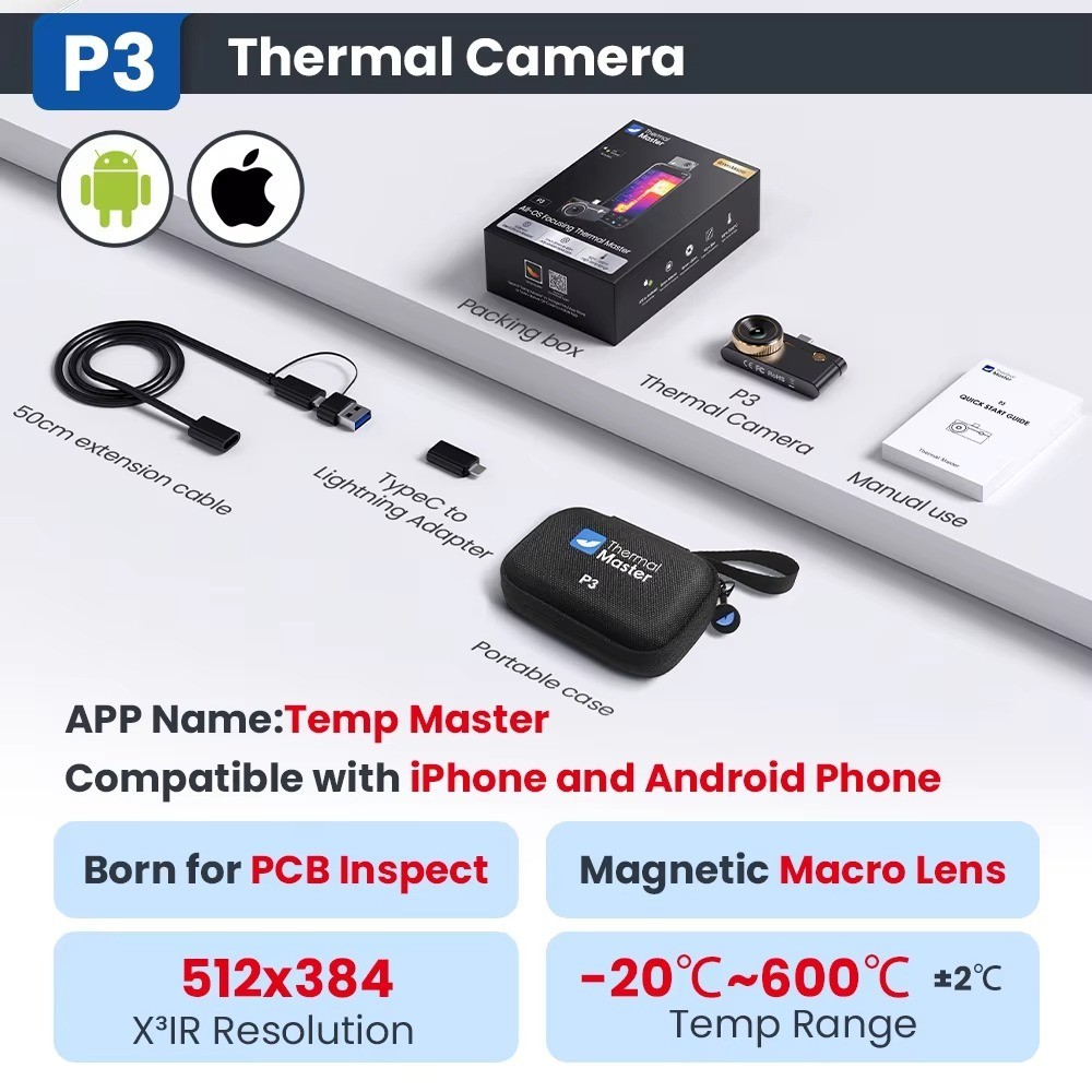 P3 Thermal Camera 512x384 iPhone Android Infrared Imager PCB HVAC Tool