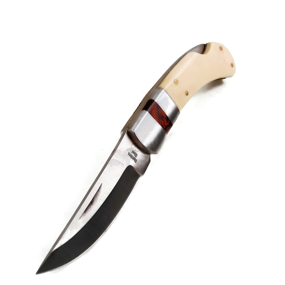 Real Bone Handle Lockback EDC Folding Pocket Knife w/Leather Sheath