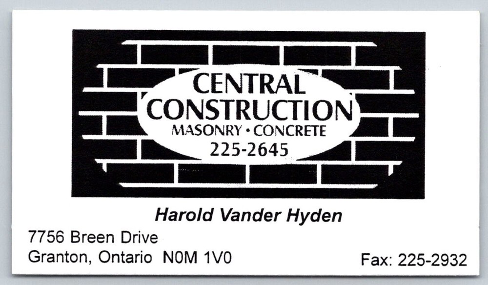Business Card Granton ON Central Construction Masonry Harold Vander Hyden Lucan