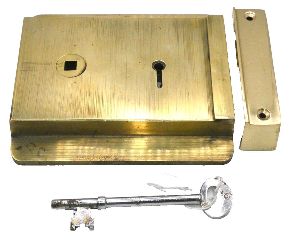 Old Antique heavy duty solid brass left hand rim lock with handcut key (RL155)