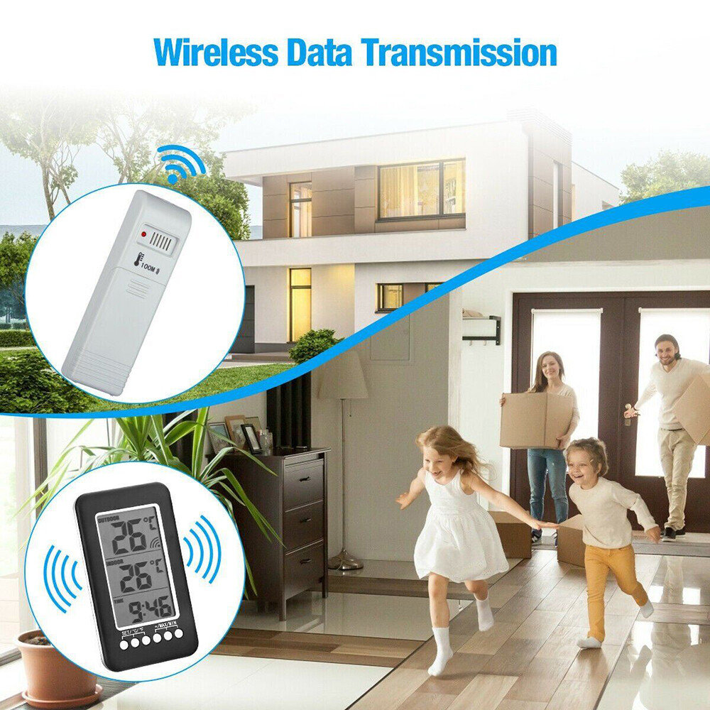 Digital Thermometer Clock Indoor/Outdoor Wireless Temperature Transmitter Meter