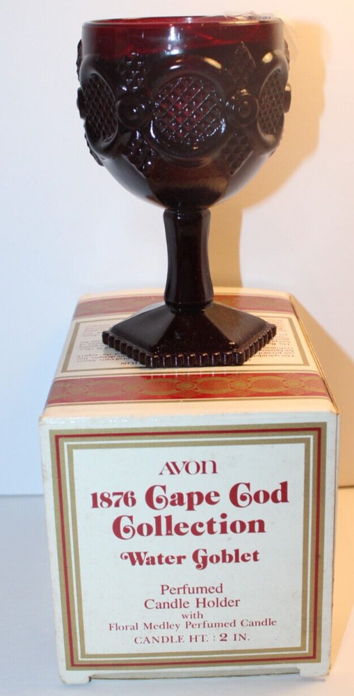 VINTAGE AVON 1876 CAPE COD COLLECTION RUBY RED GLASS WATER GOBLET & CANDLE