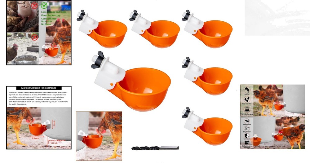 No Waste Poultry Watering Solution - 6 Automatic Cups for Chickens & Ducks