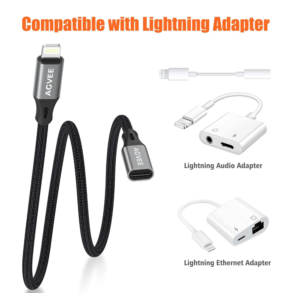 3.3Ft Lightning Extension Cable, Braided Female to Male Extender Full Function C