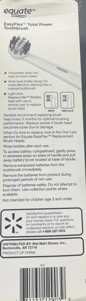 2X Equate Easyflex Total Power Battery Toothbrush Includes 2 Replacement Heads-U