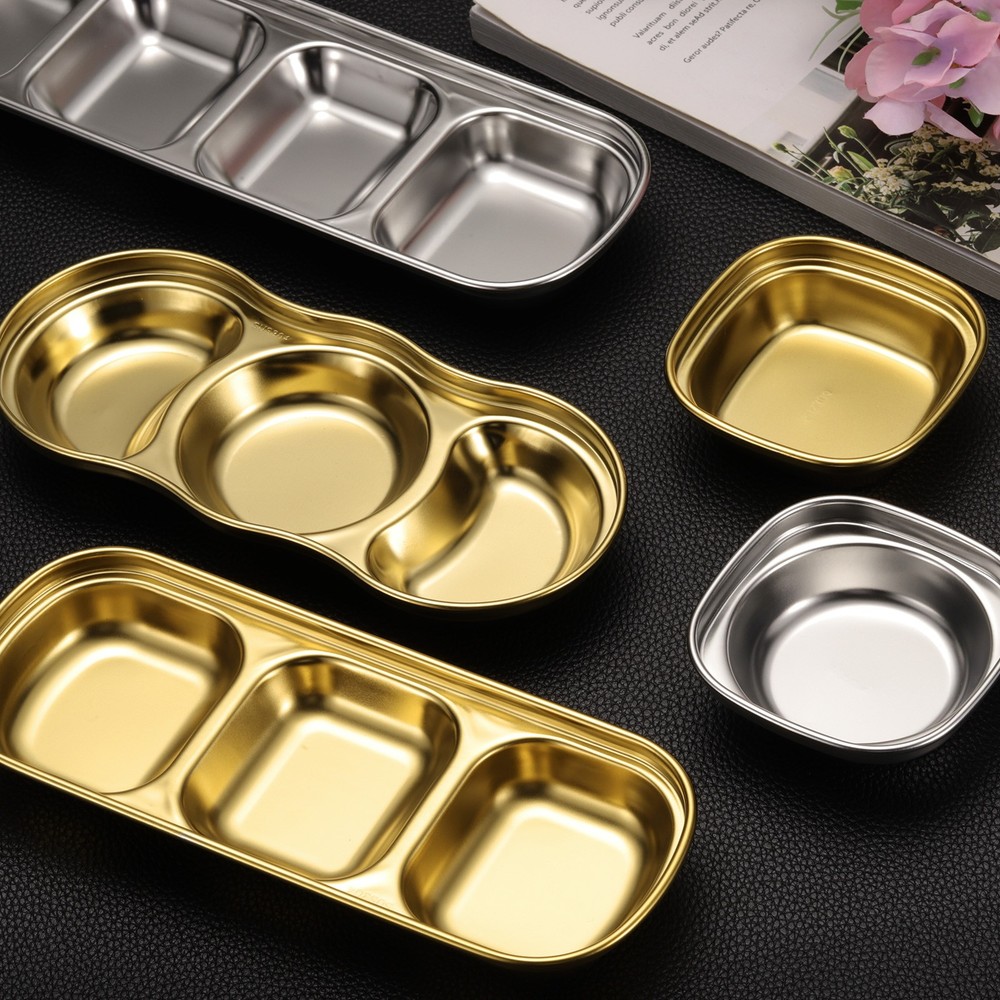 10pcs Metal Dish Dipping with 2 Rectangular Compartment Divided Silver