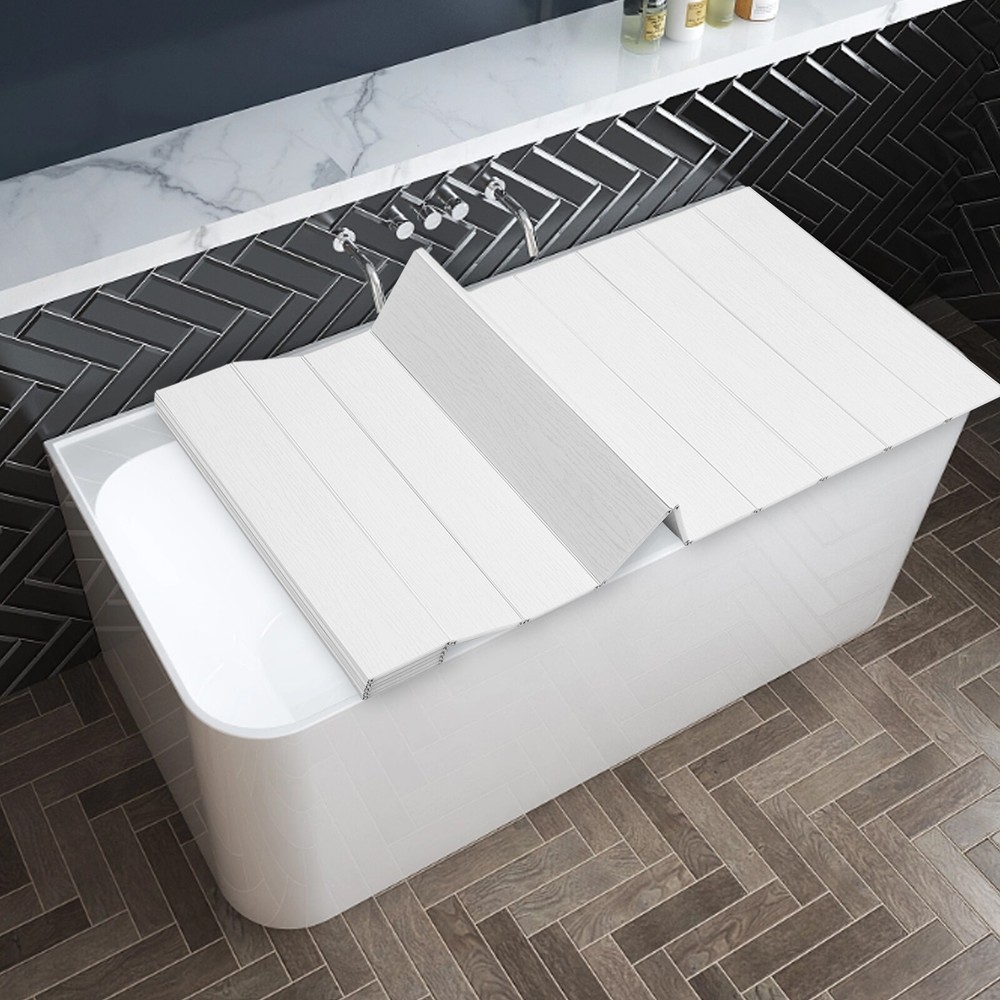 160*80cm Bath Cover Foldable White wood grain Rectangular Bath Lid for Bathroom