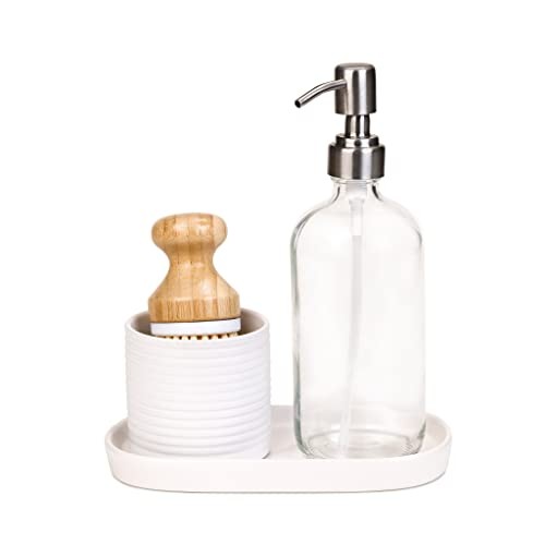 SMART DESIGN CERAMIC SOAP PUMP AND BRUSH SET WITH TRAY - WHITE