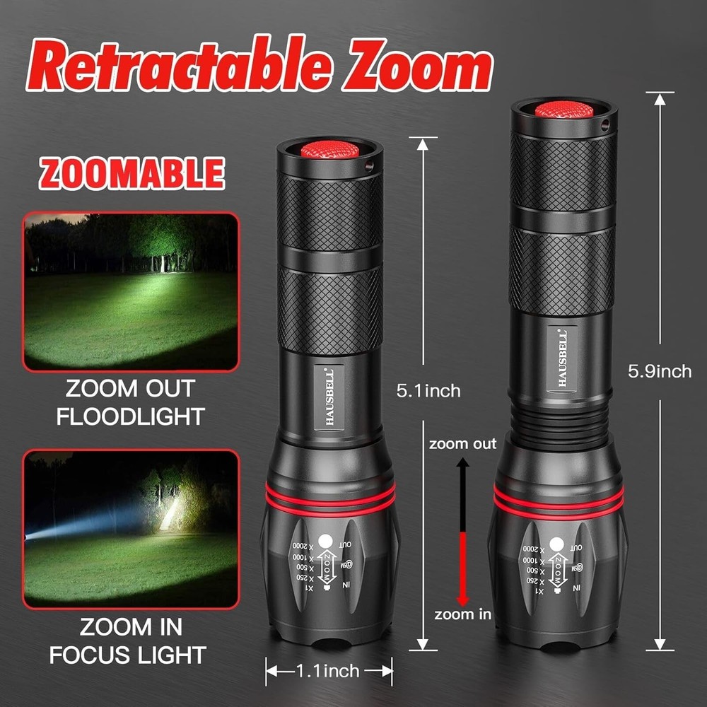 2 LED Flashlights Tactical Super Bright Zoomable Waterproof 5 Modes Torch Work
