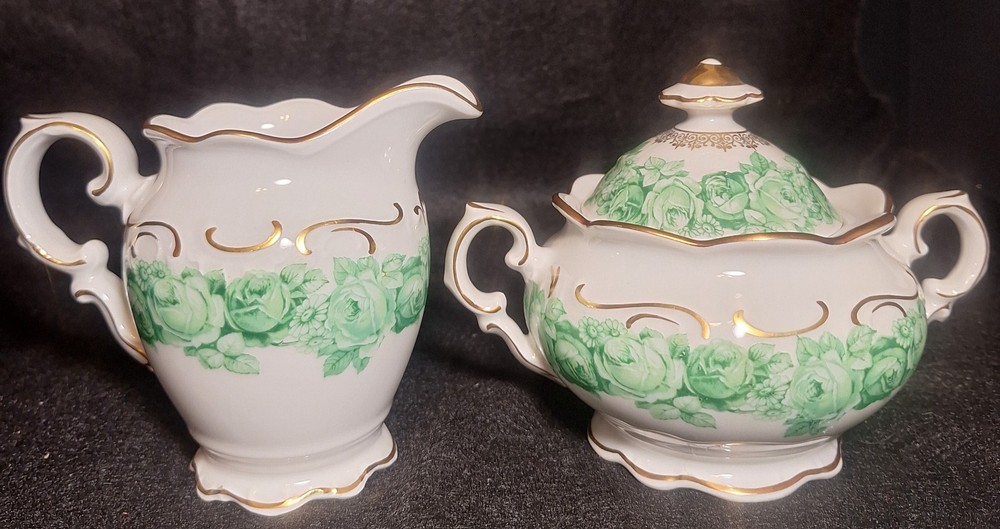 Schumann Germany Emerald Rose Creamer & Sugar Bowl