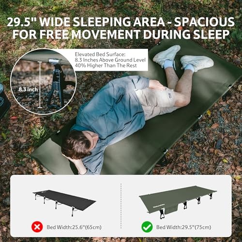 Extra WideWild Camping Cot, Folding Lightweight Camp Cot Bed, Portable Green